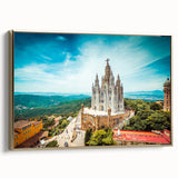 Framed canvas wall art of a vintage Barcelona landscape in black and gold tones, ideal for bedroom decor.