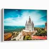 Vintage poster art of Barcelona skyline with vibrant colors on extra large framed canvas, ideal for living room decor.
