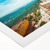 Art deco poster of Barcelona skyline in muted gold and black on rolled canvas, suitable for dining room wall art.