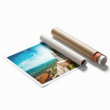 Rolled print of Barcelona scenery with soft pastel hues, ideal for classy bathroom wall art.