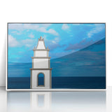 Mid-century modernist art depicting a serene European scenery in muted earth tones on a framed acrylic.