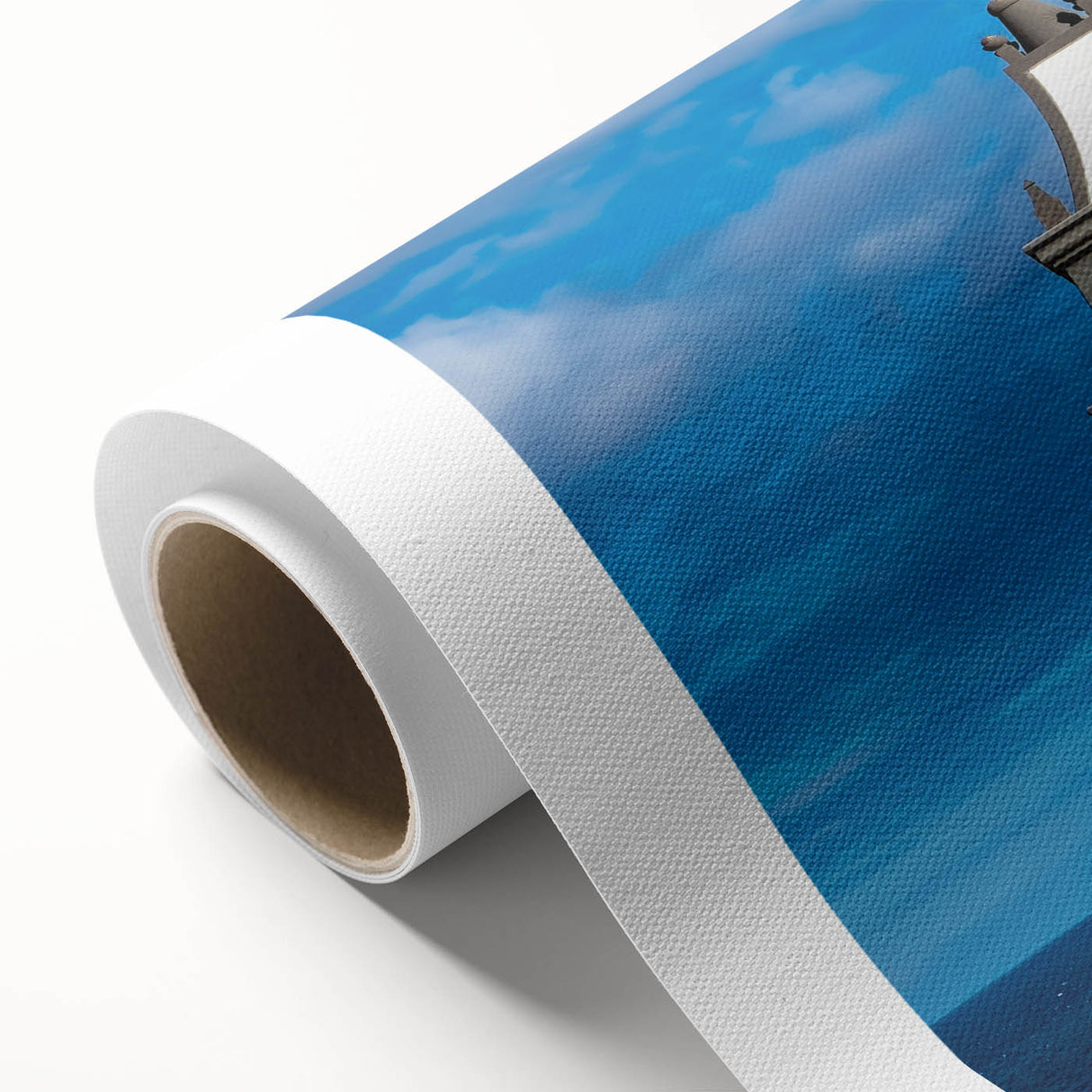 Art Deco poster of a Spanish Canary Islands scenery in muted blue and green tones on rolled canvas.