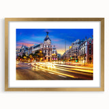 Extra large abstract art print of Madrid skyline in textured gold frame, suitable for living room decor.