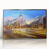 Mid-century modernist art depicting Madrid scenery in muted earth tones on a framed acrylic print.