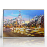 Art Deco style poster of Madrid skyline in muted blue tones, framed acrylic, ideal for modern art wall decor.