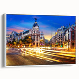 Vintage poster art of Madrid with vibrant colors on extra large framed canvas, ideal for living room decor.