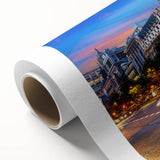 Art deco poster of Madrid skyline in pastel shades on rolled canvas, suitable for nursery wall art or dining room.
