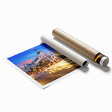 Extra large rolled print of Madrid scenery with vibrant floral elements in a muted color palette.