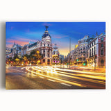 Black and white photo of Madrid on stretched canvas, ideal for kitchen wall art.
