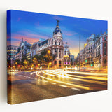 Large art print of Madrid skyline in muted earth tones on stretched canvas, ideal for kitchen wall art.