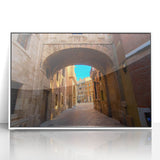 Art Deco poster of Valencia scenery in muted pastel shades on a framed acrylic, suitable for nursery wall art.