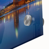 Acrylic print of a large abstract depiction of Stockholm's skyline in muted blue and gray tones, suited for dining room art.