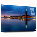 Acrylic print of a large abstract depiction of Stockholm in muted blue and gray tones.