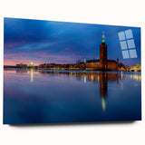 Large abstract depiction of Stockholm's skyline in muted blue and gray tones on acrylic glass.