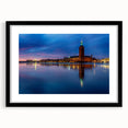Extra large colorful abstract art print of Stockholm scenery, in black frame with mat, ideal for living room decor.