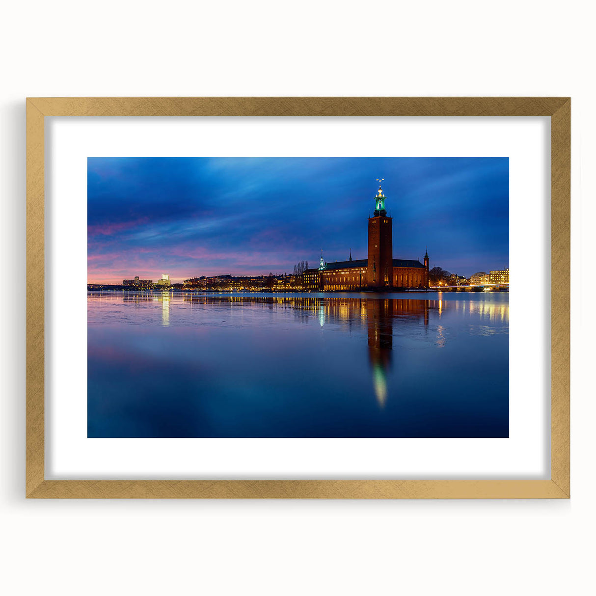 Extra large abstract art print of Stockholm scenery in textured gold frame, ideal for living room decor.