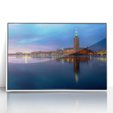 Art deco poster of Stockholm skyline in muted blue and gray tones on framed acrylic, suitable for modern nursery wall art.