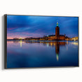 Black and white wall art featuring a vintage-style Stockholm landscape on framed canvas, suitable for bedroom decor.