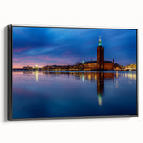 Black and white wall art featuring a vintage-style Stockholm landscape on framed canvas, suitable for bedroom decor.