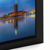 Extra large framed canvas of Stockholm scenery, featuring a textured black skyline against vibrant sunset colors.