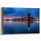 Framed canvas featuring a vintage poster art style landscape of Stockholm with a black and gold color scheme.