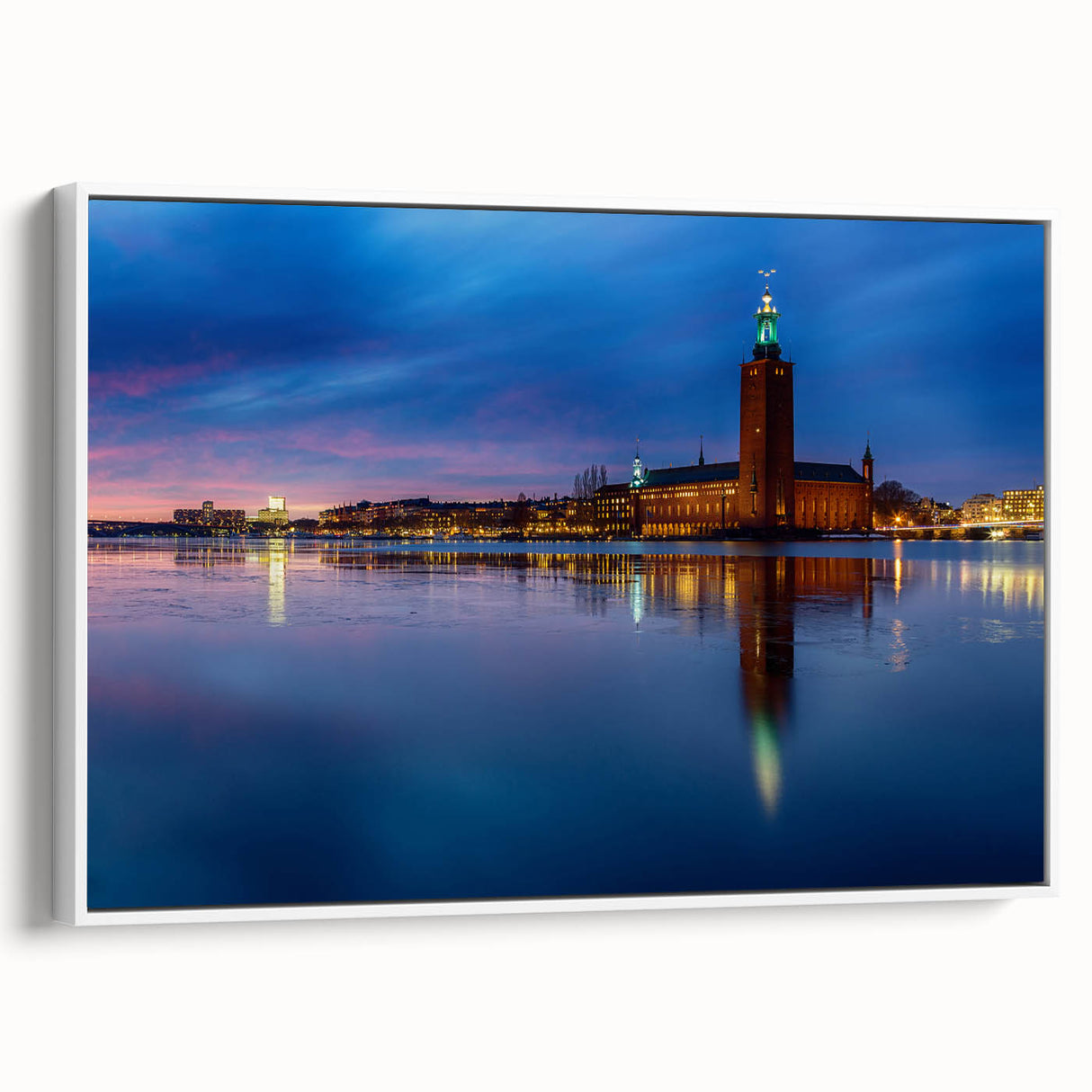 Vintage poster art of Stockholm scenery on framed canvas, featuring colorful art on black background, ideal for living room.