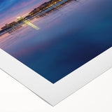 Art deco poster of Stockholm skyline in muted blue tones on rolled canvas, suitable for dining room wall art.