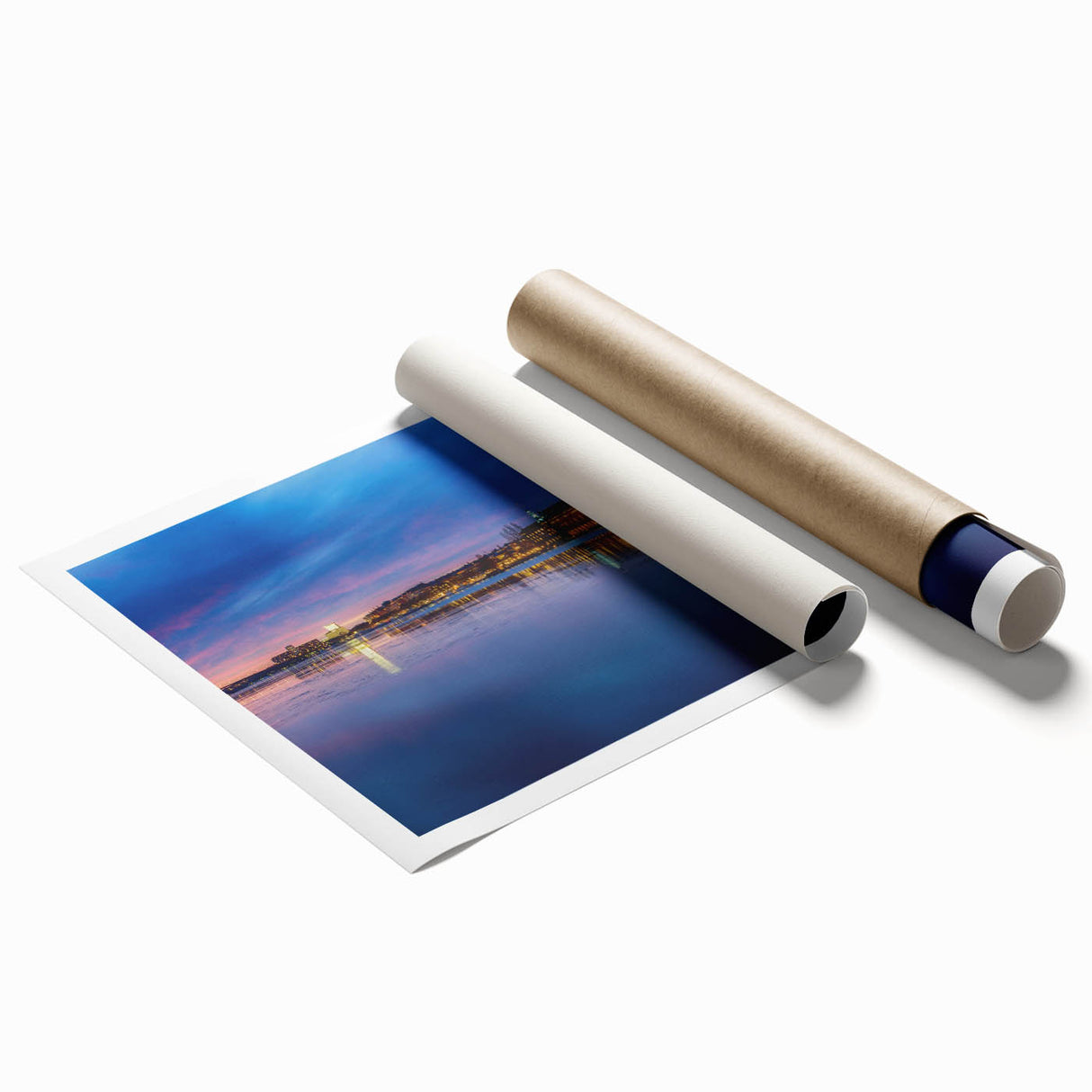 Extra large rolled print depicting a serene Stockholm scenery with soft pastel shades, ideal for classy bathroom wall art.
