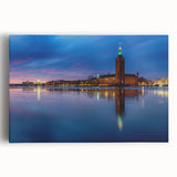 Black and white photo of Stockholm on stretched canvas, suitable as large kitchen wall art.