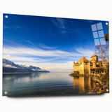 Acrylic glass print of Geneva scenery with muted blue and green tones, ideal for dining room decor.