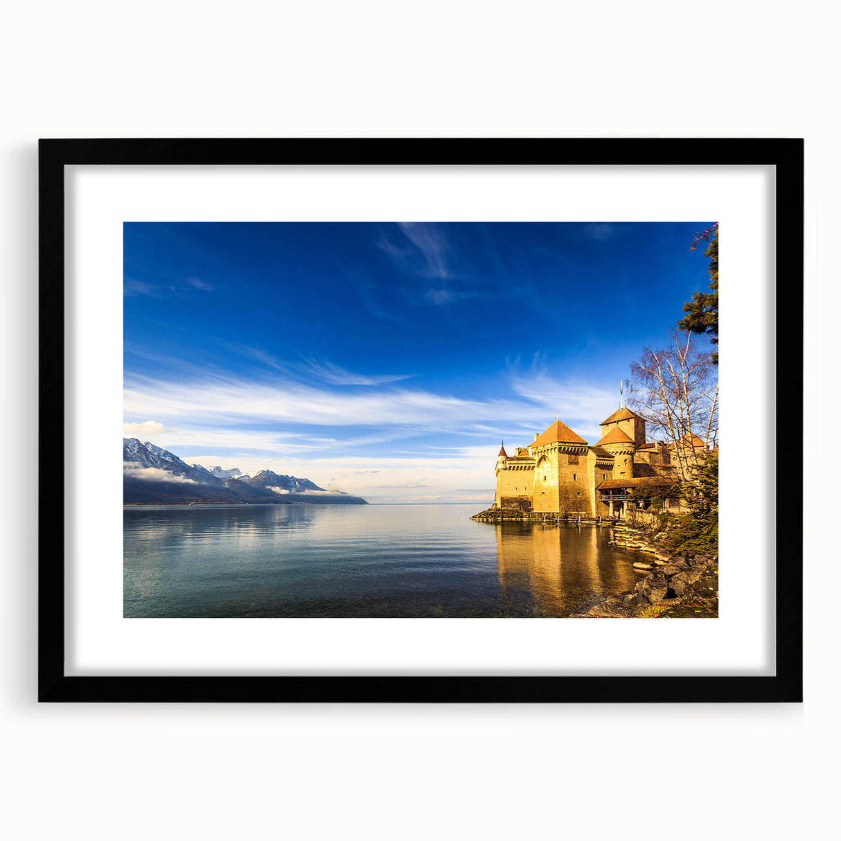 Extra large abstract art print of Geneva scenery in vibrant colors on a textured canvas, framed in black.