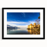 Extra large abstract art print of Geneva scenery in vibrant colors on a textured canvas, framed in black.