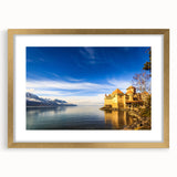Extra large abstract art print of a textured Geneva scenery in muted earth tones, framed in gold.