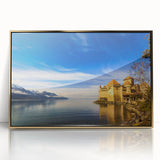 Large art print of Geneva scenery in muted gold and blue tones on framed acrylic, ideal for modern art wall decor.
