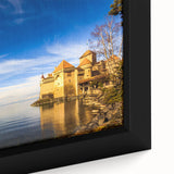 Black wall art featuring a textured, colorful portrayal of Geneva's skyline on a framed canvas, ideal for living room decor.