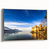 Framed canvas landscape art painting depicting vintage Geneva scenery in colorful and black tones.