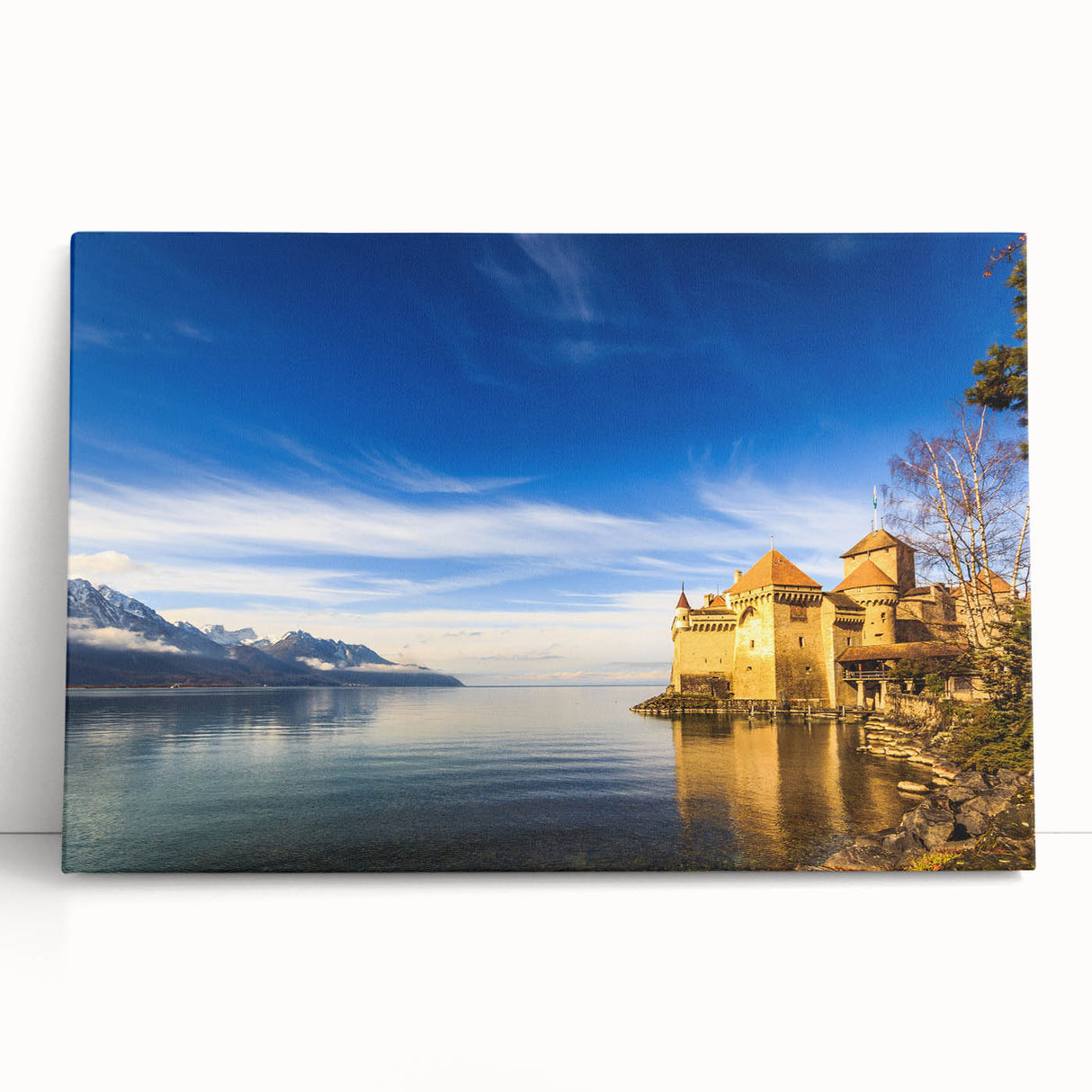 Black and white photograph of Geneva skyline on stretched canvas, ideal for kitchen wall art or bedroom ambiance.