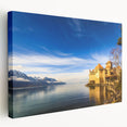 Large stretched canvas featuring a serene Geneva landscape in muted earth tones, suitable for kitchen wall art.