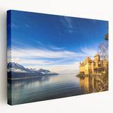 Large stretched canvas featuring a serene Geneva landscape in muted earth tones, suitable for kitchen wall art.