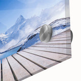 Large abstract wall art of a Swiss landscape in muted earth tones on acrylic glass, suitable for dining room decor.