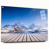 Acrylic print of a large abstract Swiss landscape in muted earth tones, ideal for dining room decor.