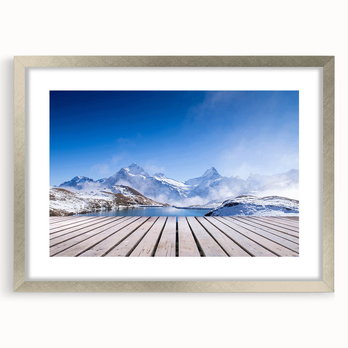 Textured abstract art print depicting a European scenery in muted earth tones, framed in silver, suitable for bedroom decor.