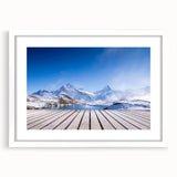 Abstract art print of a European Swiss landscape in muted green and blue tones, framed with a white mat.