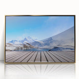 Mid-century modernist style large art print of a Swiss landscape in muted earth tones on framed acrylic.