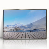 Mid-century modernist art depicting a serene Swiss landscape in muted earth tones, framed acrylic.