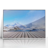 Art deco poster of a Swiss landscape in muted colors on a white framed acrylic, ideal for modern art wall decor in a nursery.