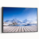 Black and white wall art featuring a vintage-style Swiss landscape on framed canvas, ideal for bedroom decor.