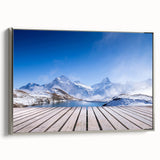 Framed canvas depicting a vintage-style Swiss landscape in colorful art tones, ideal for enhancing a living room or study.