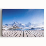 Large black and white photograph of a Swiss landscape on stretched canvas, ideal for kitchen wall art.