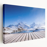 Large stretched canvas of a Swiss landscape in muted green and blue tones, ideal for kitchen wall art.